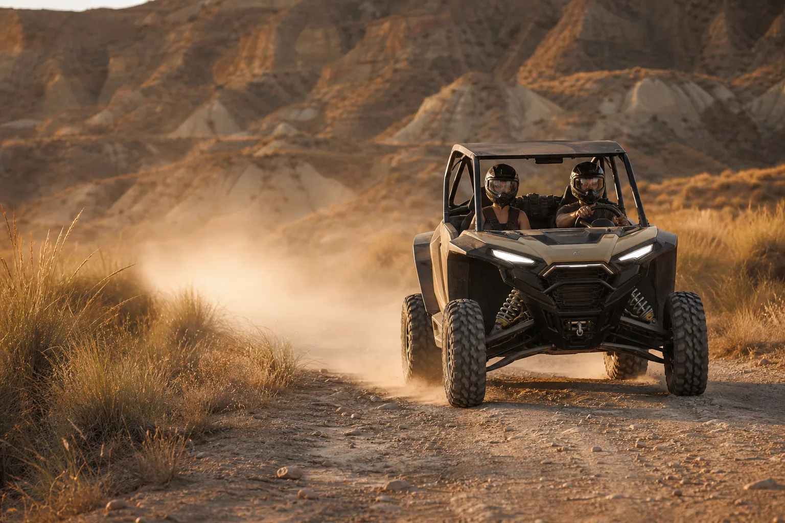Dos viajeros con casco recorriendo en buggy una pista entre badlands de Tabernas
