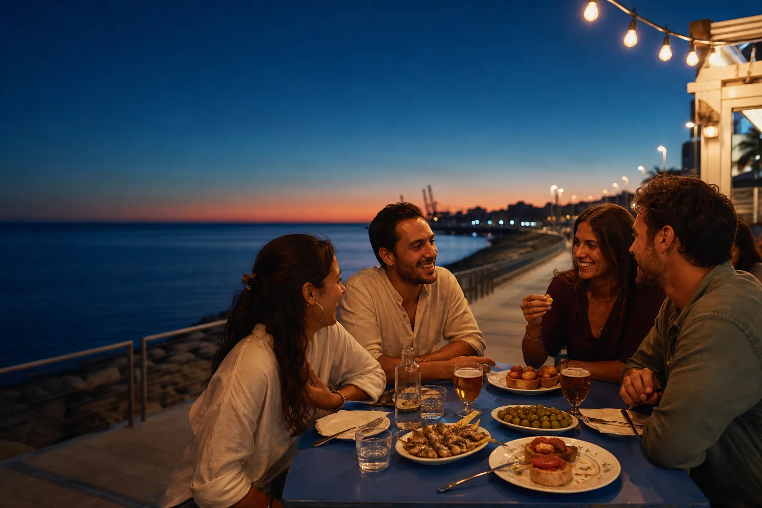 Cuatro amigos compartiendo tapas al anochecer en una terraza frente al Mediterráneo