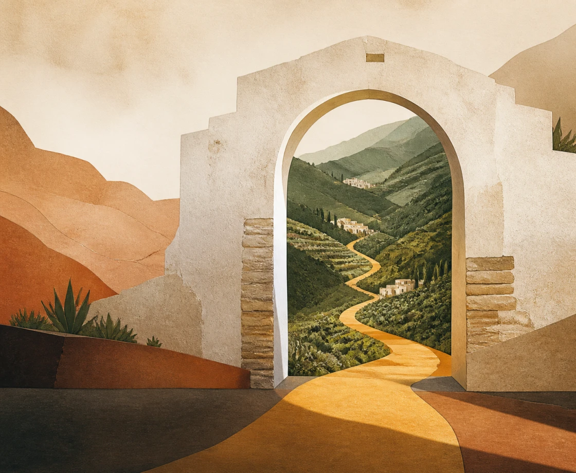Ilustración conceptual de una puerta blanca abierta desde las tierras ocres de Almería hacia el valle verde de la Alpujarra