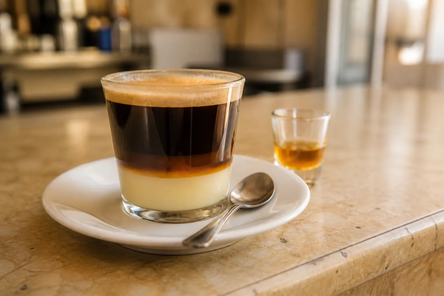 Café belmonte con leche condensada y una pequeña medida de brandy.