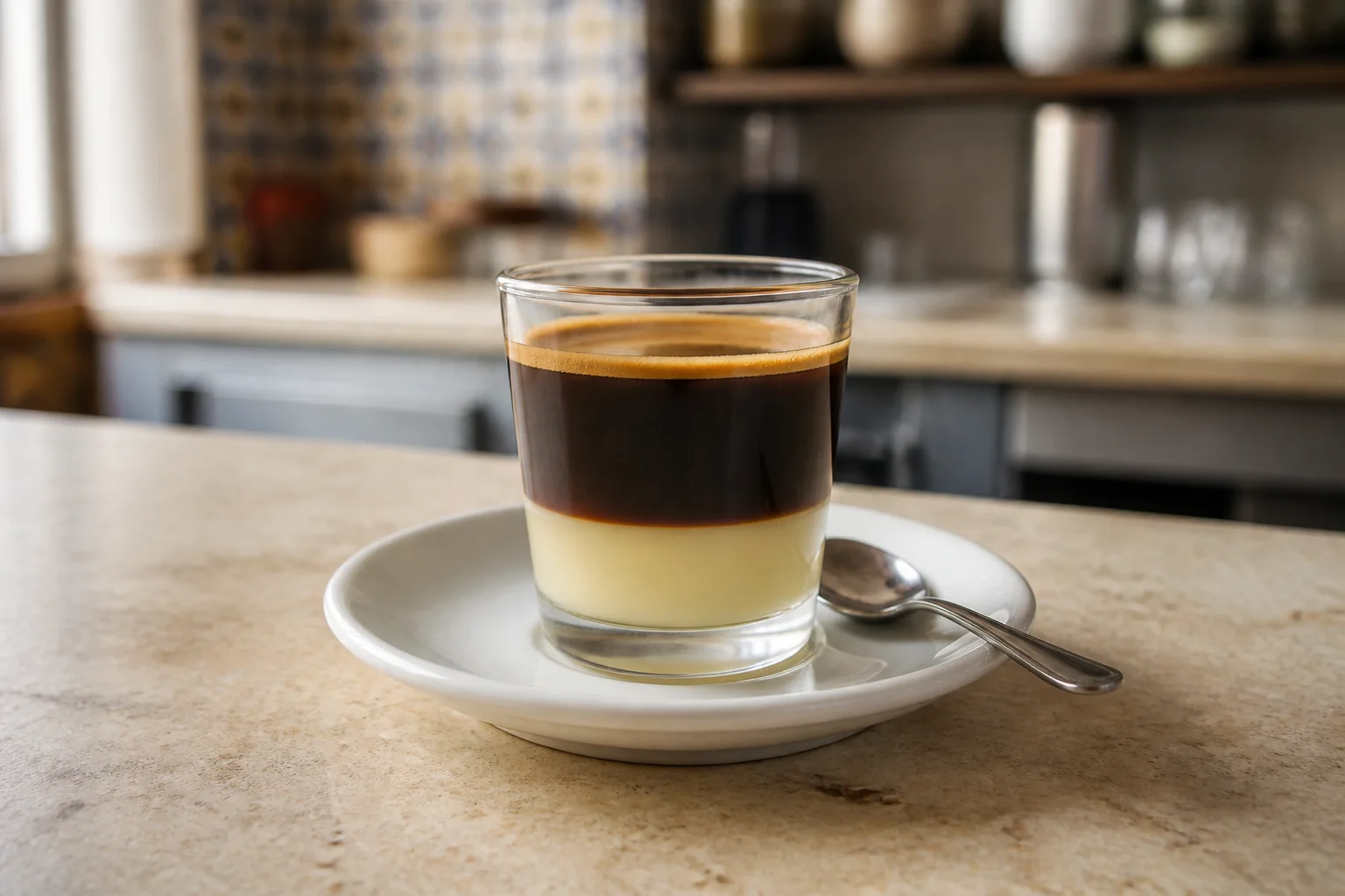Café bombón en dos capas, espresso sobre leche condensada.