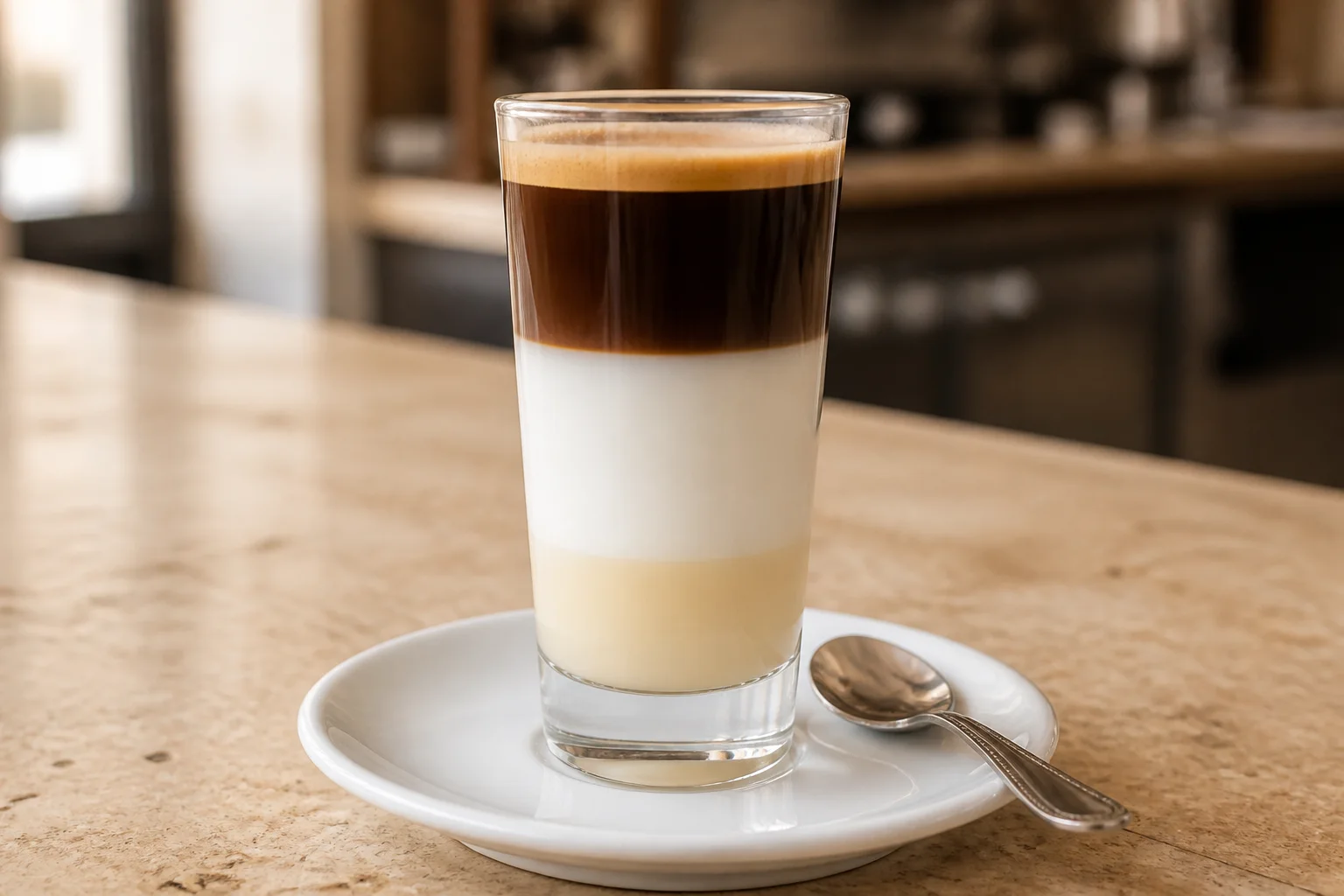 Canario en vaso alto, con leche condensada, leche y café en capas.