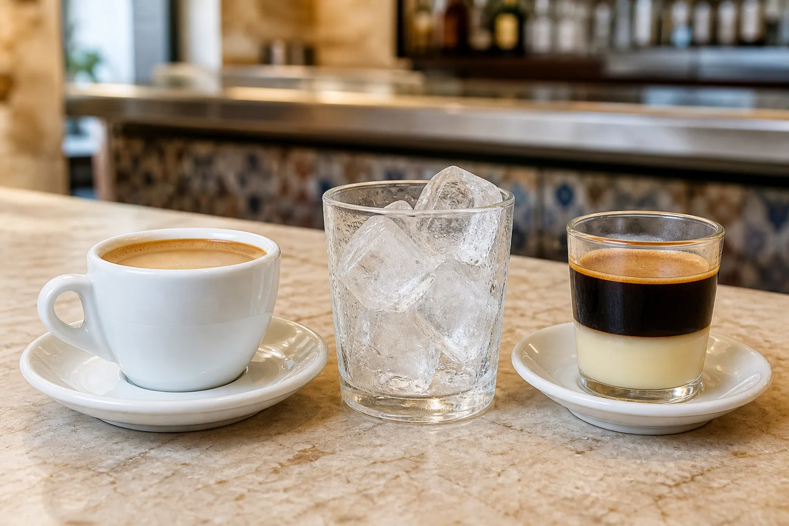 Vaso de hielo entre un café con leche y un café con leche condensada en capas.