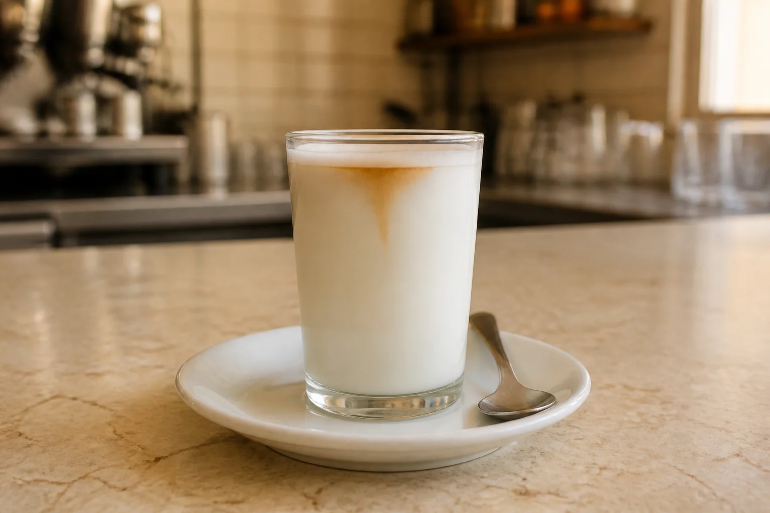Vaso de leche caliente marcado por un fino trazo de café.