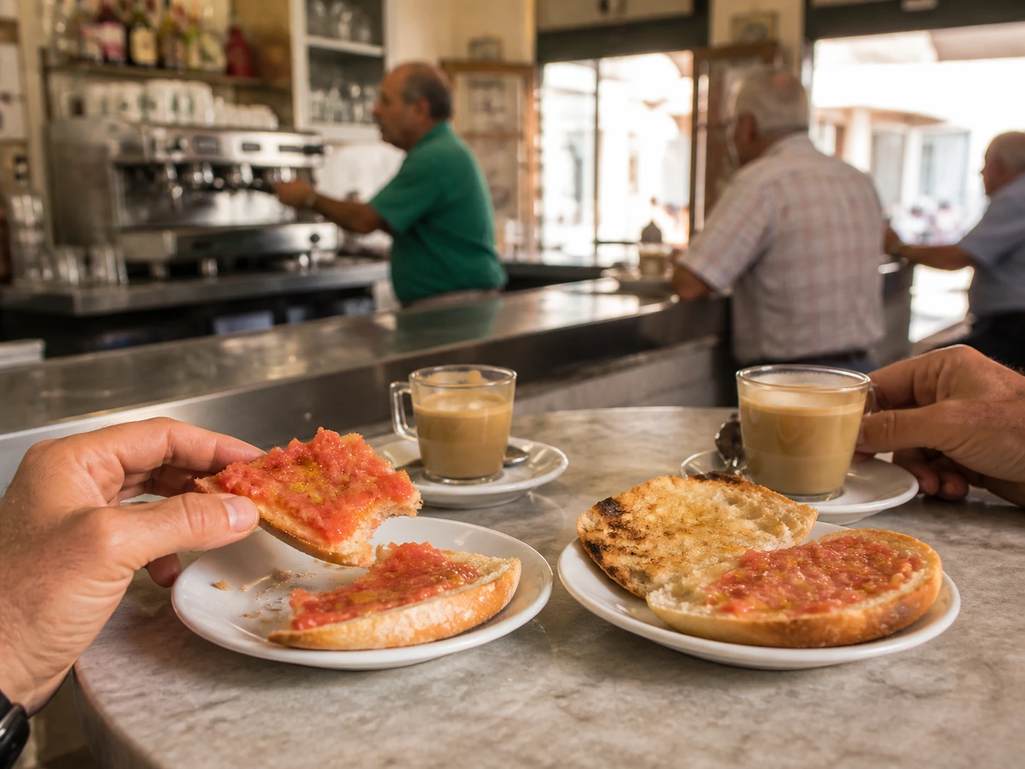 Barra de bar por la mañana con tostadas y tazas de café.