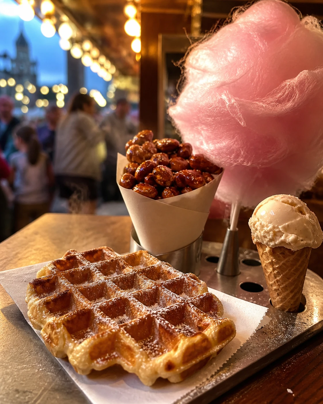Gofres, crêpes, algodón de azúcar y garrapiñadas de feria