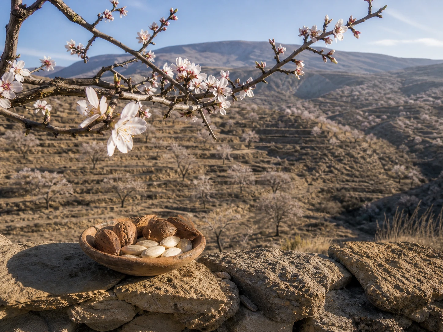 Almendros en flor y almendras peladas.