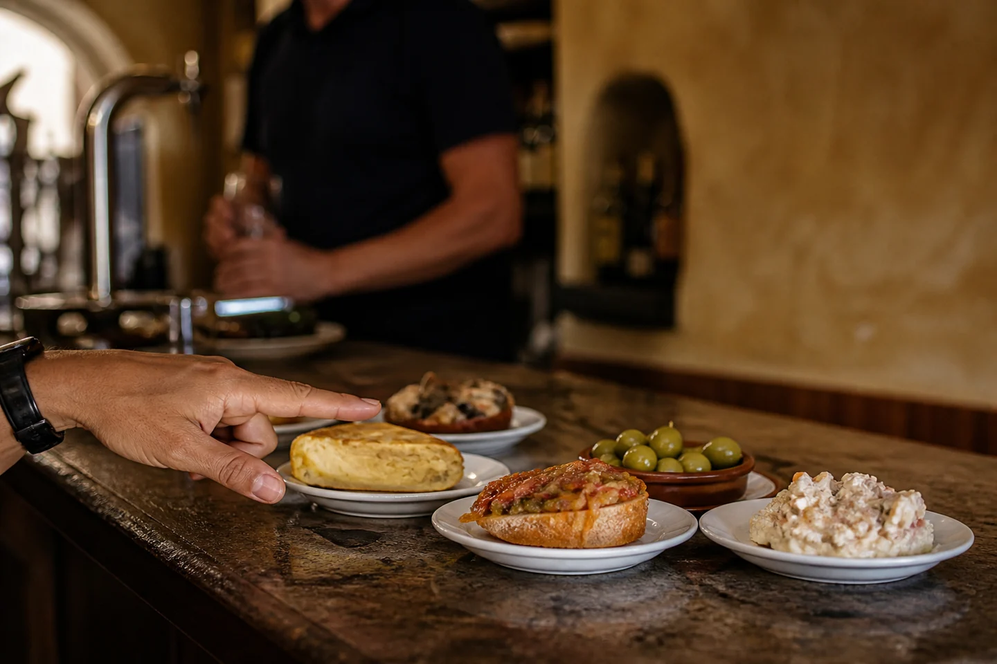 Una persona señala una tapa entre varios platos pequeños sobre la barra de un bar.
