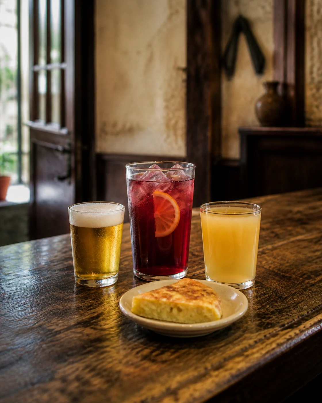 Una caña, un tinto de verano y un mosto junto a una pequeña porción de tortilla.