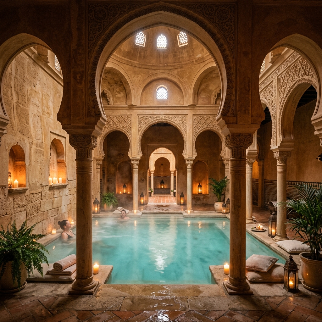 Interior del Balneario San Nicolás, piscina termal con arcos moriscos y vapor del agua turquesa