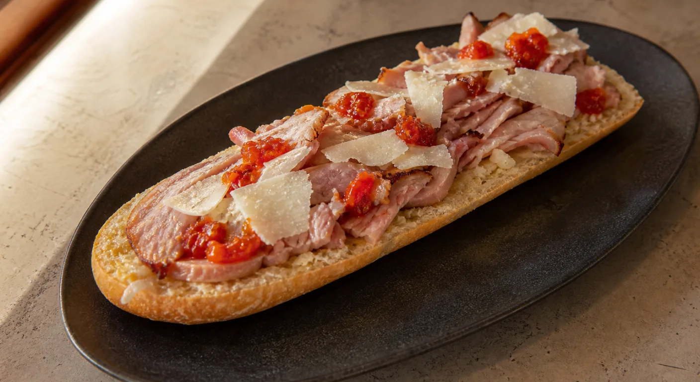 Tostada de mermelada de pimiento y jamón asado