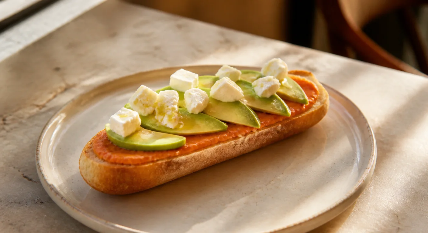 Tostada de salmorejo, aguacate y queso fresco